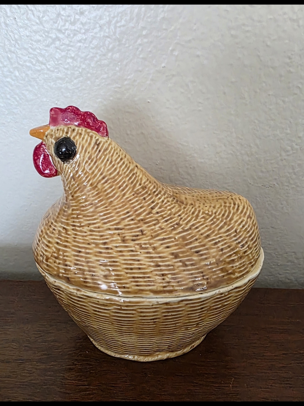 Ceramic Hen On Nest in Cream and Red Handmade Vintage 1990